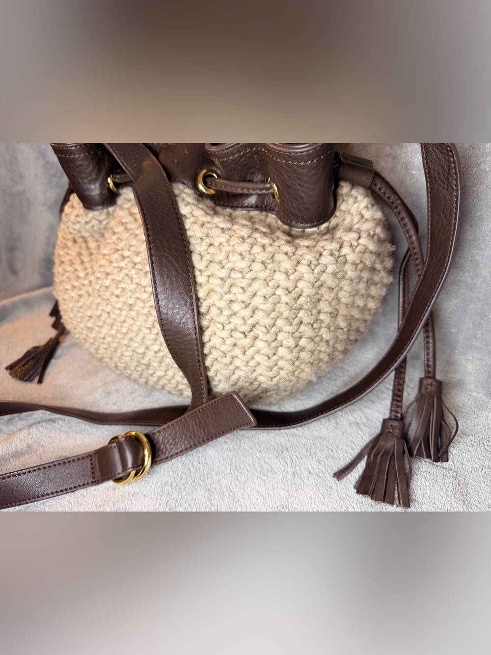 UGG Cable Knit Lambswool and Yak Drawstring Hobo w/ Brown Leather Trim - Picture 7 of 12